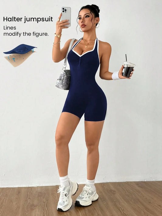 Women’S Seamless Colorblock Asymmetrical Yoga Bodysuit Shorts, Sporty Design for All Seasons, Comfortable for Fitness Cycling Yoga Running, Yoga Jumpsuits